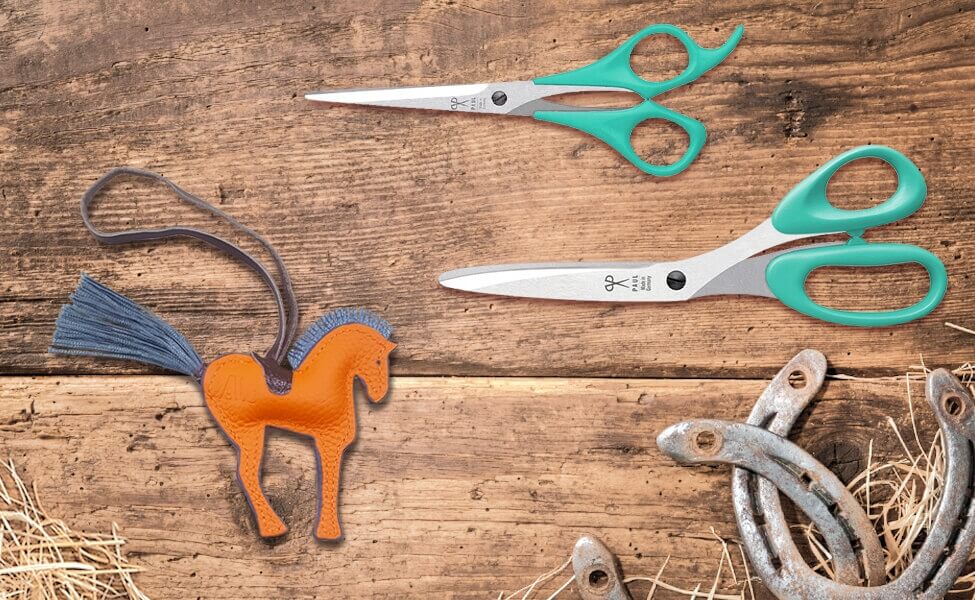 Horse scissors set with hand-sewed horse tag made of leather